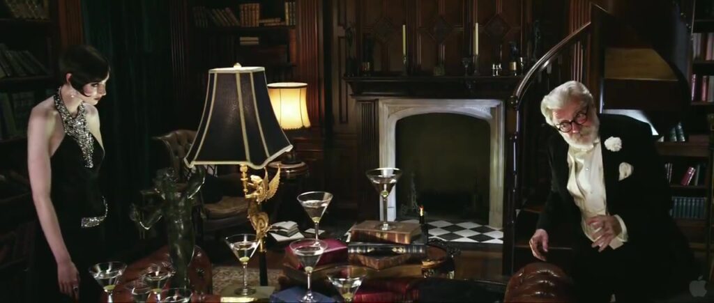 Scene set in a lavish 1920s library during a party in The Great Gatsby
