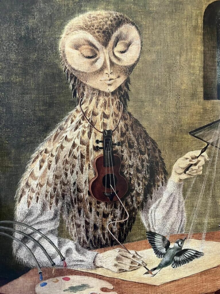 Surrealist owl figure painting by Remedios Varo with human-like features