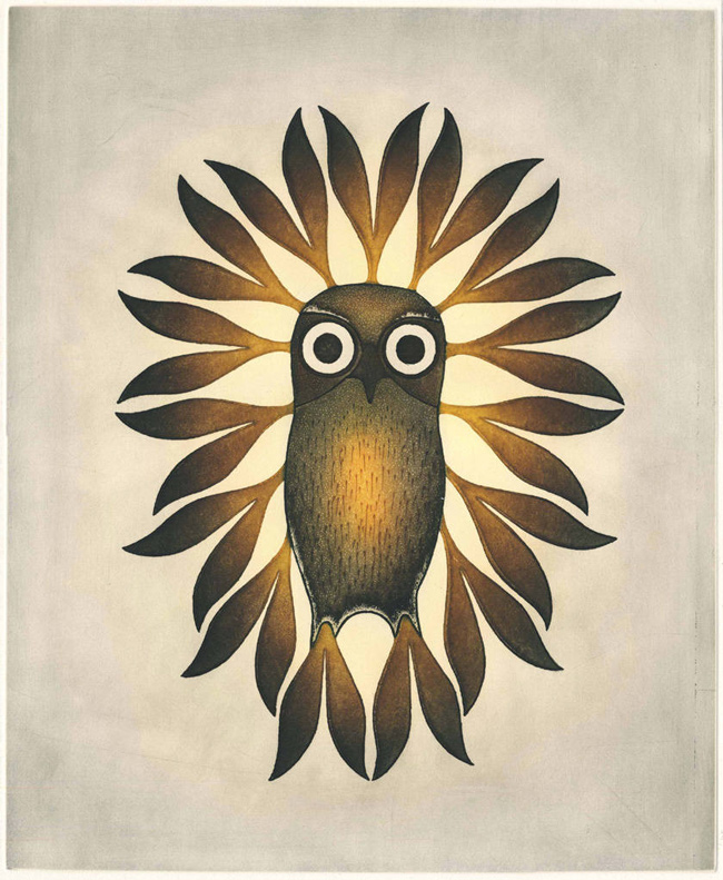 The Enchanted Owl artwork by Kenojuak Ashevak with symmetrical feather design