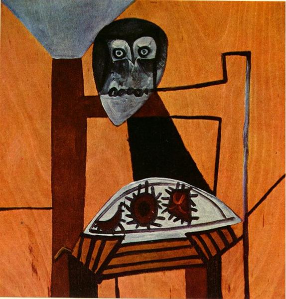 Abstract owl painting by Pablo Picasso with bold shapes and expressive eyes