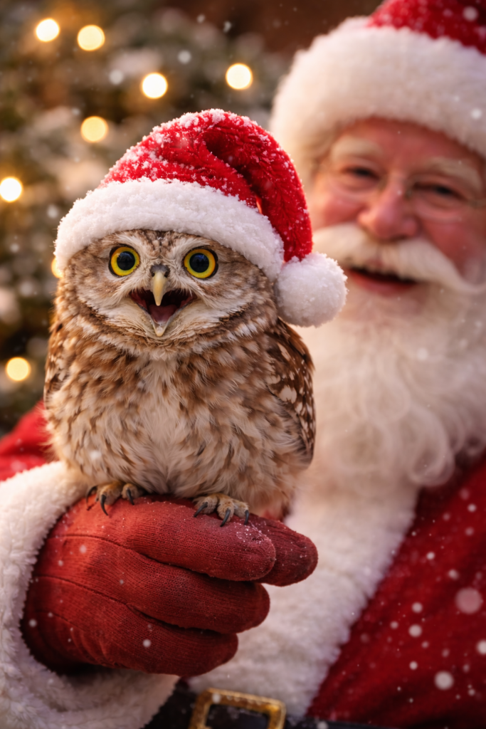 Owl wearing a Santa hat perched on a gloved hand, with Santa smiling in the background