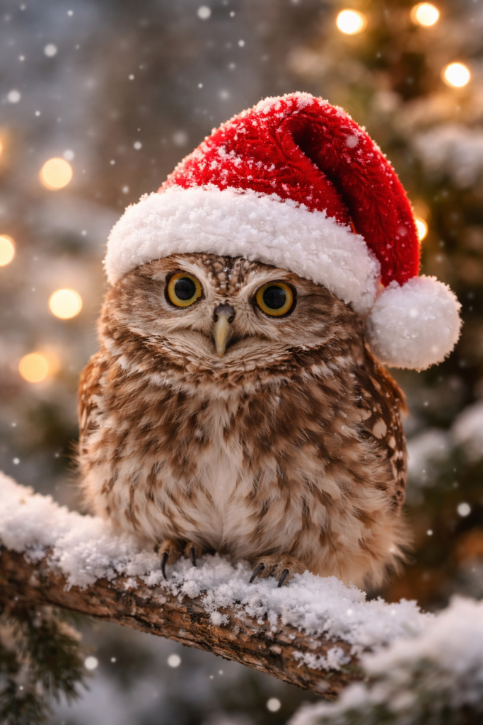 Owl perched on a snowy branch wearing a red Santa hat with soft Christmas lights in the background