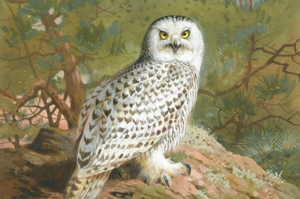 Snowy Owl painting by Archibald Thorburn showing detailed feathers and alert posture