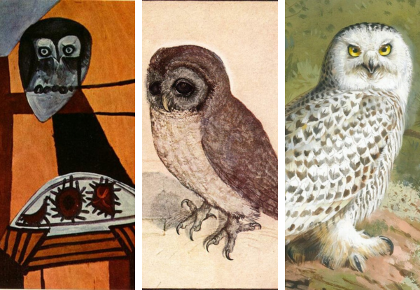 Famous owl paintings from art history showing abstract, Renaissance, and wildlife styles