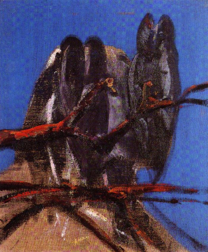 Expressionist owl painting attributed to Franz Marc with dark forms on a blue background