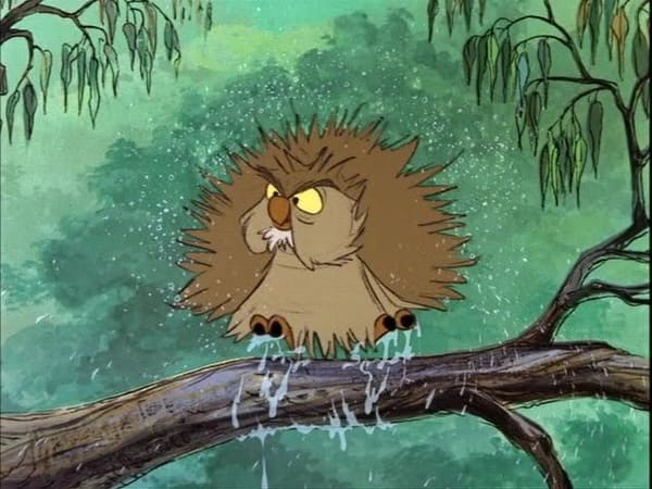 Friend Owl from Bambi perched on a tree branch looking grumpy in a forest scene