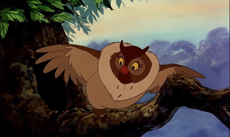 Big Mama owl from The Fox and the Hound flying down from a tree branch