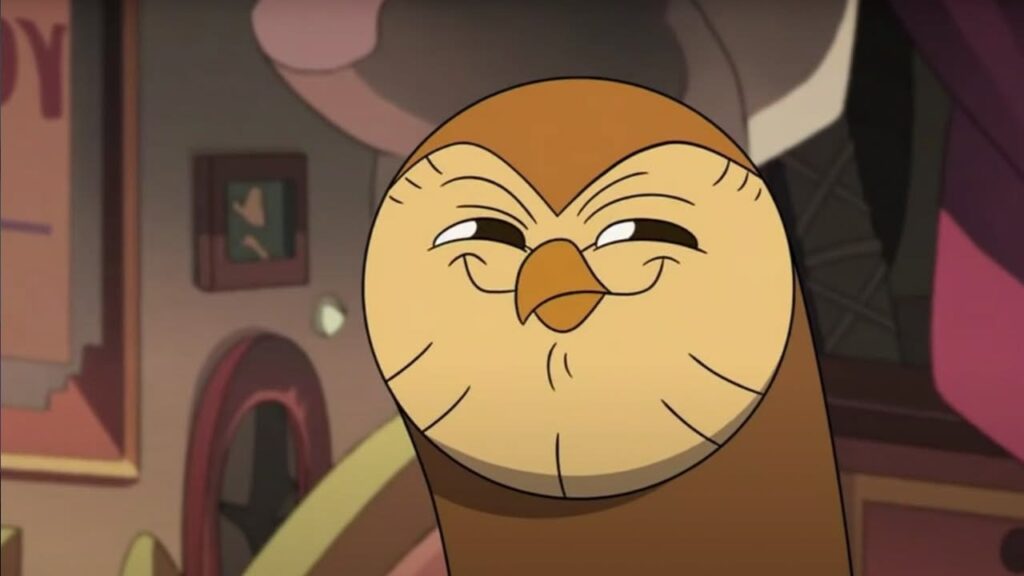 Hooty from The Owl House smiling in a cartoon scene