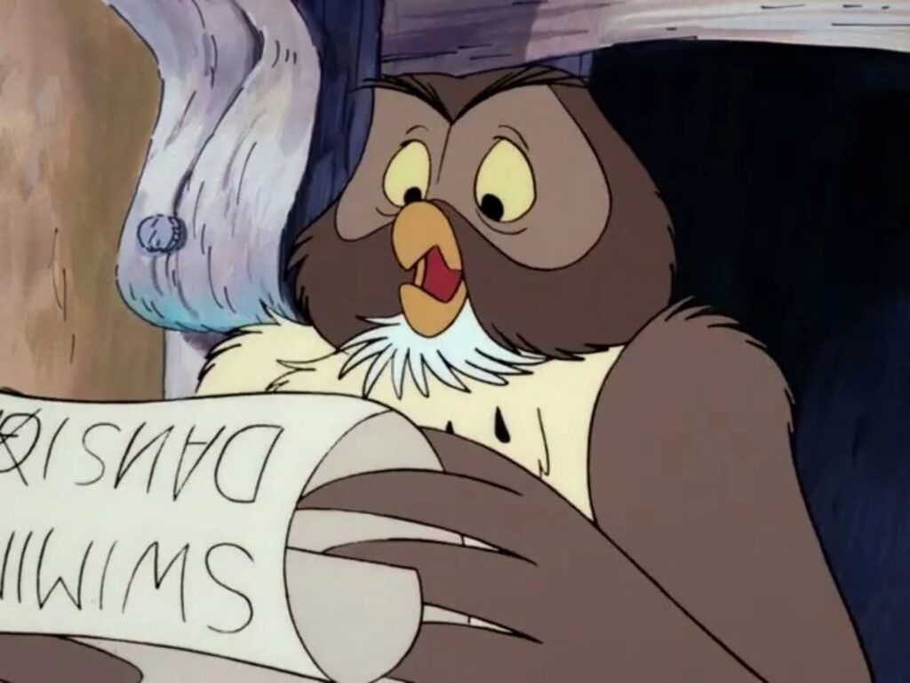 Owl from Winnie the Pooh reading a paper with a confused expression