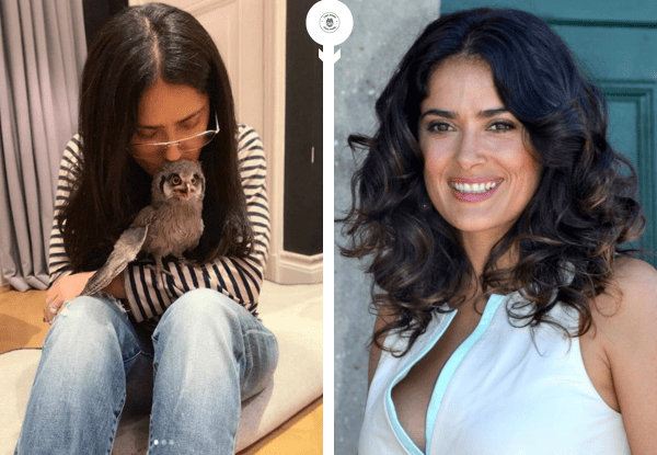 Salma Hayek holding a barn owl Kering at home alongside a portrait of the actress